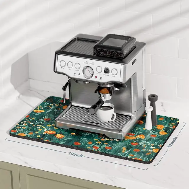 Alt view image 2 of 7 - Rnivvi Coffee Mat, 12" x 19" Cute Coffee Bar Mats for Espresso Machine Station Accessories and Organizer, Hide Stain Rubber Backed Absorbent Dish Drying Pad for Kitchen Counter, Gentle Forest Flowers