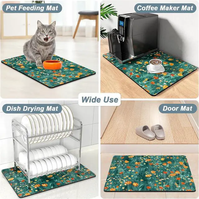 Alt view image 7 of 7 - Rnivvi Coffee Mat, 12" x 19" Cute Coffee Bar Mats for Espresso Machine Station Accessories and Organizer, Hide Stain Rubber Backed Absorbent Dish Drying Pad for Kitchen Counter, Gentle Forest Flowers