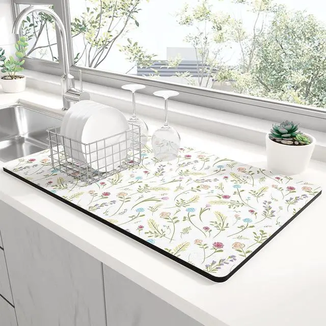 Main image of Rnivvi Dish Drying Mat for Kitchen Counter, 12 x 19" Cute Flower Theme Super Absorbent Draining Pad, Non-Slip Heat Resistant Coffee Bar Mat for Coffee Machine Station Accessories, White Dish Rack Pad