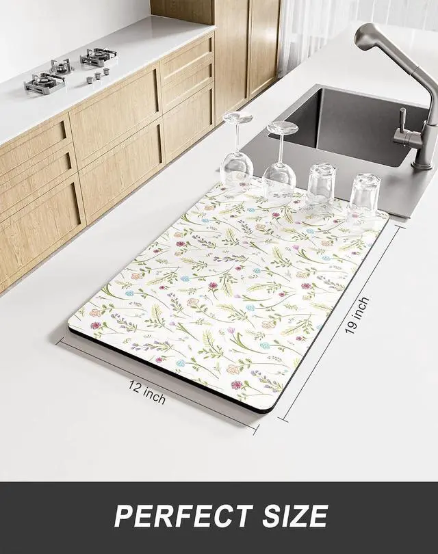Alt view image 2 of 7 - Rnivvi Dish Drying Mat for Kitchen Counter, 12 x 19" Cute Flower Theme Super Absorbent Draining Pad, Non-Slip Heat Resistant Coffee Bar Mat for Coffee Machine Station Accessories, White Dish Rack Pad