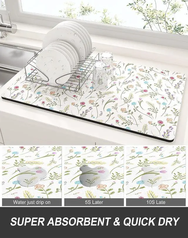 Alt view image 3 of 7 - Rnivvi Dish Drying Mat for Kitchen Counter, 12 x 19" Cute Flower Theme Super Absorbent Draining Pad, Non-Slip Heat Resistant Coffee Bar Mat for Coffee Machine Station Accessories, White Dish Rack Pad
