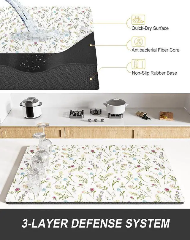 Alt view image 4 of 7 - Rnivvi Dish Drying Mat for Kitchen Counter, 12 x 19" Cute Flower Theme Super Absorbent Draining Pad, Non-Slip Heat Resistant Coffee Bar Mat for Coffee Machine Station Accessories, White Dish Rack Pad