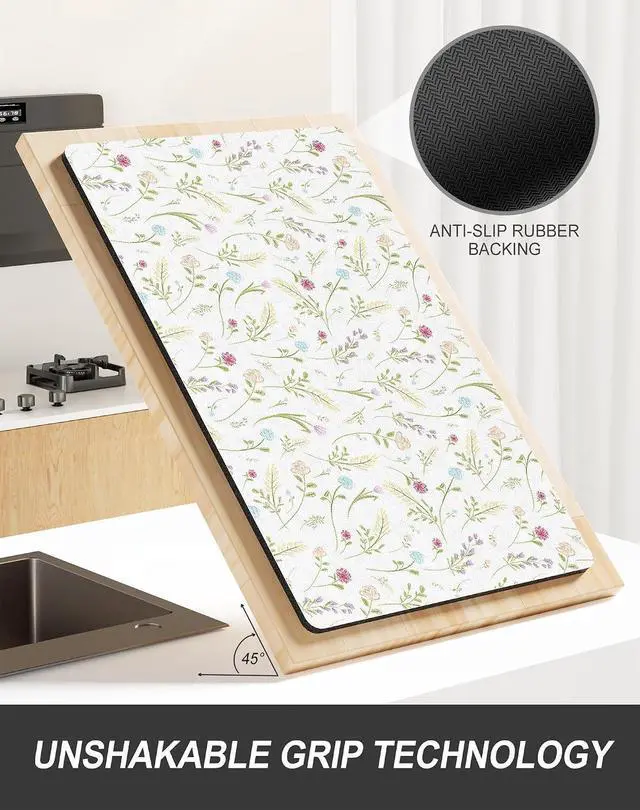 Alt view image 5 of 7 - Rnivvi Dish Drying Mat for Kitchen Counter, 12 x 19" Cute Flower Theme Super Absorbent Draining Pad, Non-Slip Heat Resistant Coffee Bar Mat for Coffee Machine Station Accessories, White Dish Rack Pad