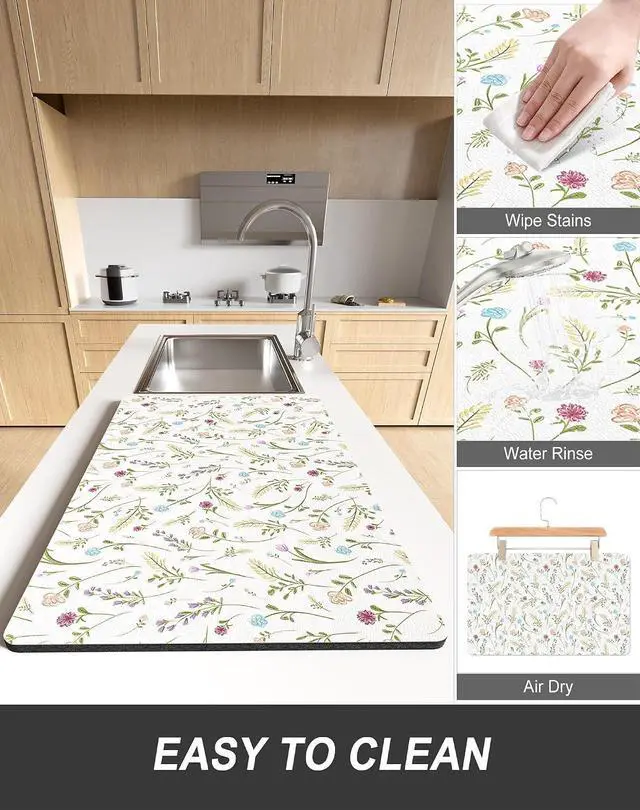 Alt view image 6 of 7 - Rnivvi Dish Drying Mat for Kitchen Counter, 12 x 19" Cute Flower Theme Super Absorbent Draining Pad, Non-Slip Heat Resistant Coffee Bar Mat for Coffee Machine Station Accessories, White Dish Rack Pad