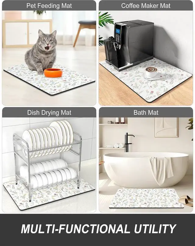 Alt view image 7 of 7 - Rnivvi Dish Drying Mat for Kitchen Counter, 12 x 19" Cute Flower Theme Super Absorbent Draining Pad, Non-Slip Heat Resistant Coffee Bar Mat for Coffee Machine Station Accessories, White Dish Rack Pad