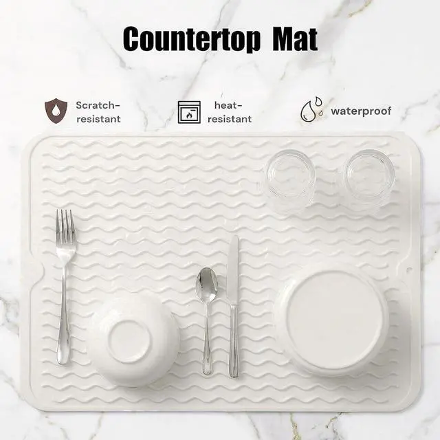 Alt view image 3 of 7 - MicoYang Silicone Dish Drying Mat Quick-Dry Ridges Counter & Sink Pad, Heat-Resistant Trivet to 450°F, Non-Slip & Dishwasher Safe, Roll-Up Storage, 18 Colors & 9 Sizes (White, 16"×12")
