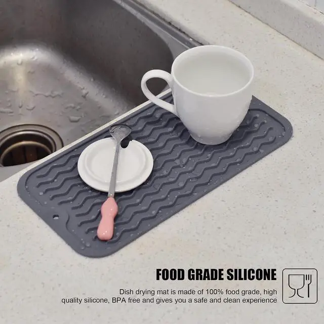 Alt view image 6 of 7 - Silicone Dish Drying Mat, Non-Slip Easy Clean Sink Mat Large Heat-resistant Dish Drainer Mat for Kitchen Counter, Sink, Refrigerator or Drawer liner (12" x 6", GREY)