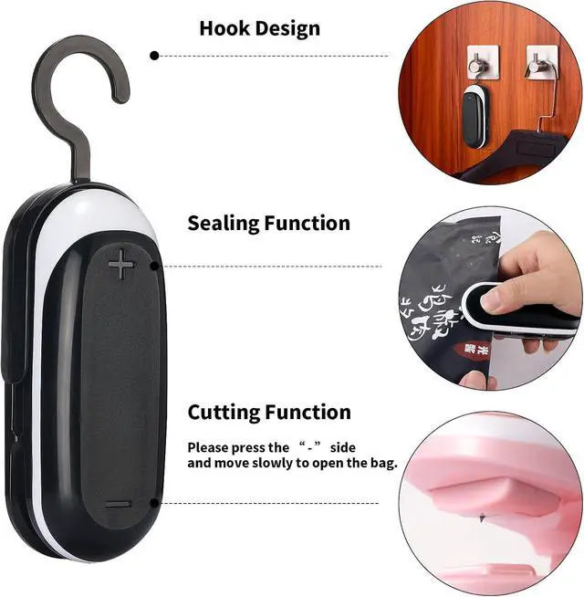 Alt view image 2 of 6 - Mini Bag Sealer, 3 Packs Portable Heat Vacuum Sealers, Chip Bag Sealer with Cutter 2 in 1 Heat Sealer Food Sealer Bag Resealer Handheld with Hook for Plastic Bags Food Storage