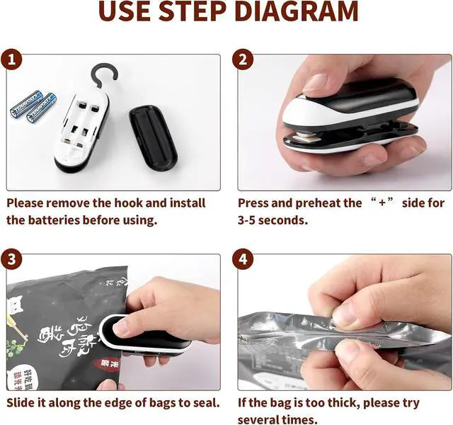 Alt view image 4 of 6 - Mini Bag Sealer, 3 Packs Portable Heat Vacuum Sealers, Chip Bag Sealer with Cutter 2 in 1 Heat Sealer Food Sealer Bag Resealer Handheld with Hook for Plastic Bags Food Storage