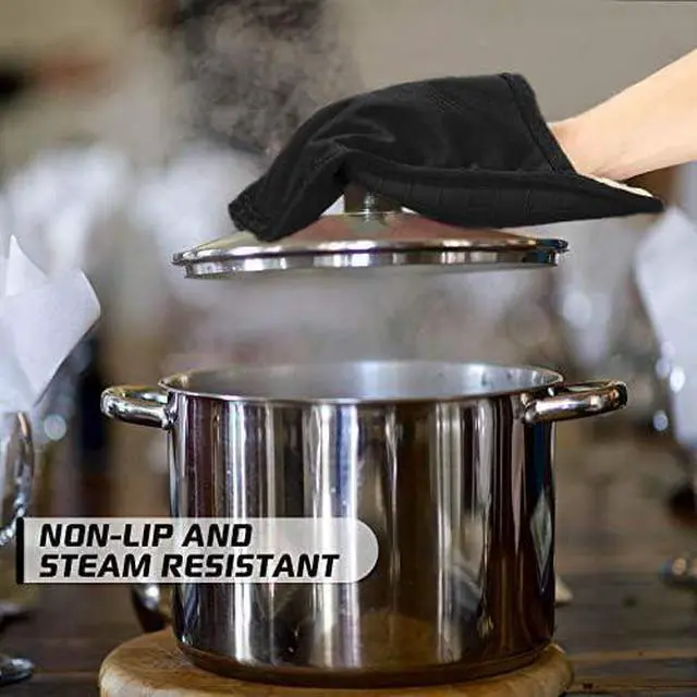Alt view image 4 of 5 - Silicone Kitchen Pot Holders with Pockets, 2 Pc Set Trivet, Steam and Heat Resistant Hand and Countertop Protection Hot Pads, Non-Slip Grip potholders, Terrycloth Interior Lining, Black