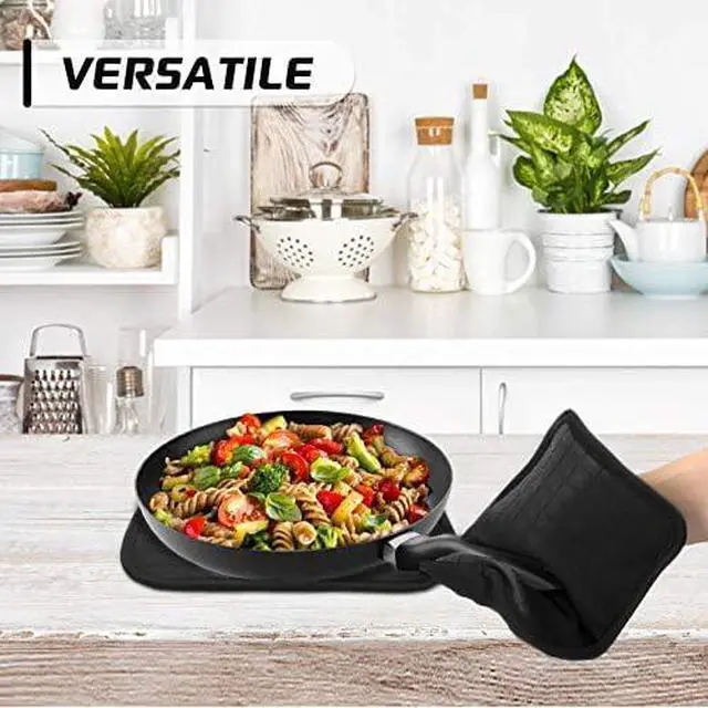 Alt view image 5 of 5 - Silicone Kitchen Pot Holders with Pockets, 2 Pc Set Trivet, Steam and Heat Resistant Hand and Countertop Protection Hot Pads, Non-Slip Grip potholders, Terrycloth Interior Lining, Black