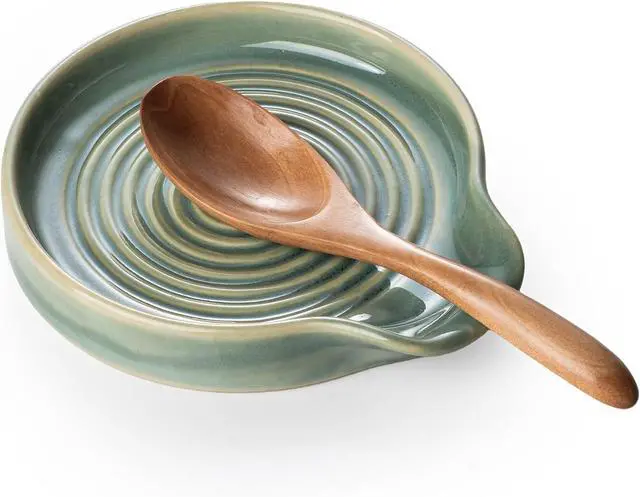 Main image of Spoon Rest, 5.5 Inch Ceramic Spoon Holder for Kitchen Counter, Coffee Spoon Rest for Stove, Cooking Spoon Holder, Utensil Rest for Cooking, Forest Green