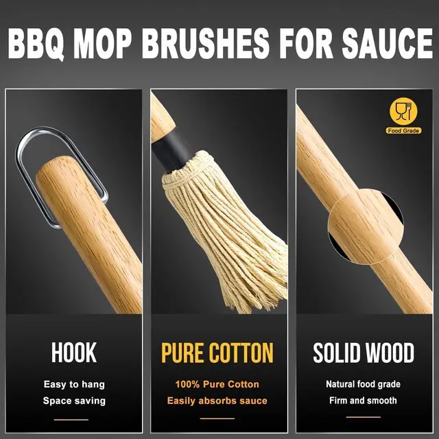 Alt view image 4 of 7 - Walfos BBQ Mop Brushes for Sauce, Grilling Basting Mop Wooden Long Handle with 3 Heads, for Grilling, Barbecue, Smoking Steak (18")