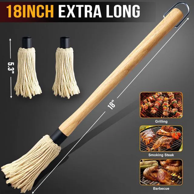 Alt view image 5 of 7 - Walfos BBQ Mop Brushes for Sauce, Grilling Basting Mop Wooden Long Handle with 3 Heads, for Grilling, Barbecue, Smoking Steak (18")