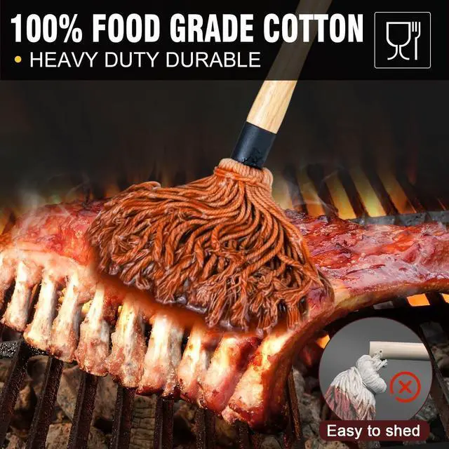 Alt view image 2 of 7 - Walfos BBQ Mop Brushes for Sauce, Grilling Basting Mop Wooden Long Handle with 3 Heads, for Grilling, Barbecue, Smoking Steak (18")