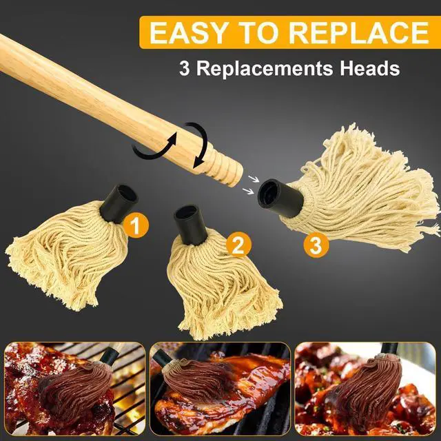 Alt view image 6 of 7 - Walfos BBQ Mop Brushes for Sauce, Grilling Basting Mop Wooden Long Handle with 3 Heads, for Grilling, Barbecue, Smoking Steak (18")