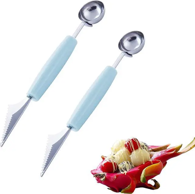 Main image of Melon Baller, 2Pcs Double-Headed Fruit Carving Cutter Knife Cookie Scoop Fruit Decoration Tool Stainless Steel DIY Cutting Scooping Round Melon Scoop for Watermelon,Cantaloupe,Fruits,Sorbet,Ice Cream