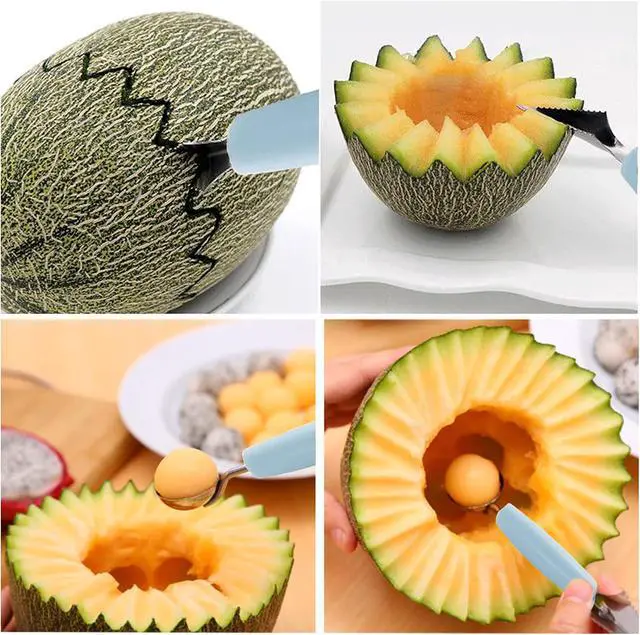 Alt view image 6 of 7 - Melon Baller, 2Pcs Double-Headed Fruit Carving Cutter Knife Cookie Scoop Fruit Decoration Tool Stainless Steel DIY Cutting Scooping Round Melon Scoop for Watermelon,Cantaloupe,Fruits,Sorbet,Ice Cream
