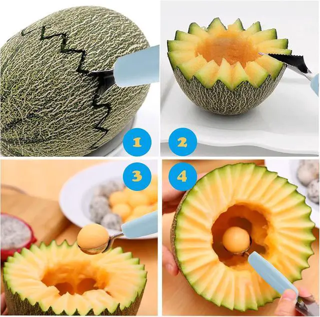Alt view image 7 of 7 - Melon Baller, 2Pcs Double-Headed Fruit Carving Cutter Knife Cookie Scoop Fruit Decoration Tool Stainless Steel DIY Cutting Scooping Round Melon Scoop for Watermelon,Cantaloupe,Fruits,Sorbet,Ice Cream