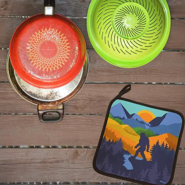 Alt view image 7 of 7 - Bigfoot Pot Holder Neoprene Sasquatch Sunset 8"