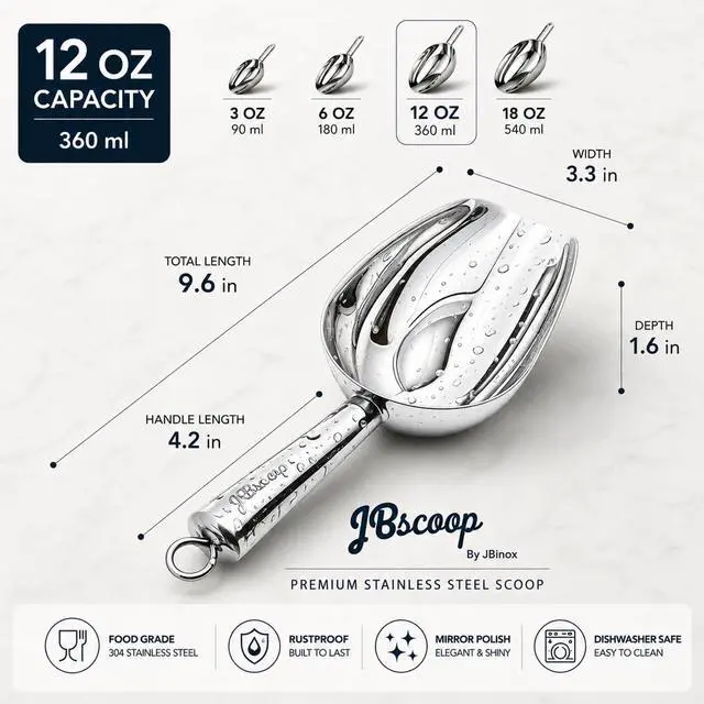 Alt view image 3 of 7 - JBscoop Stainless Steel Scoop for ice, 9.6 Inch Metal Food Scoop Kitchen Bar Party Wedding Heavy Duty Dishwasher Safe - 8 Oz