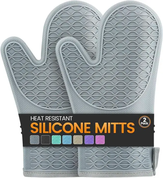 Main image of Silicone Oven Mitts, Heat Resistant 2PCS Oven Mitts with Soft Cotton Lining, Waterproof Non-Slip Grip Oven Glove, Kitchen Potholder Mits for BBQ, Baking, Cooking, 12.5 Inch - Grey