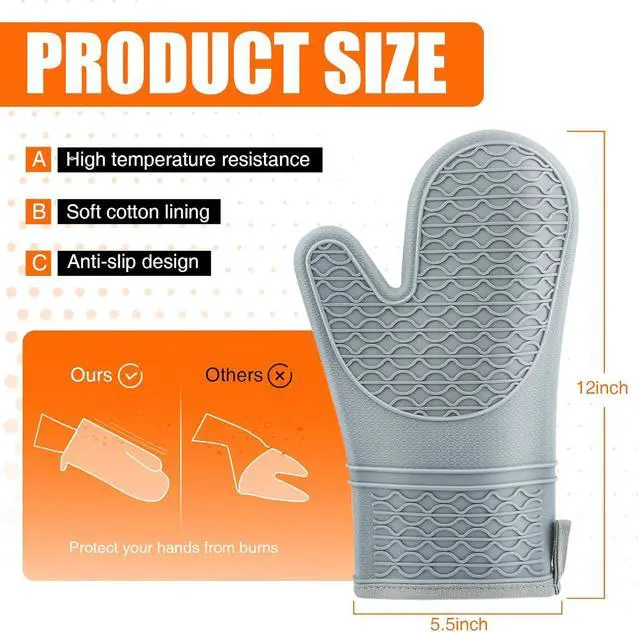 Alt view image 2 of 7 - Silicone Oven Mitts, Heat Resistant 2PCS Oven Mitts with Soft Cotton Lining, Waterproof Non-Slip Grip Oven Glove, Kitchen Potholder Mits for BBQ, Baking, Cooking, 12.5 Inch - Grey