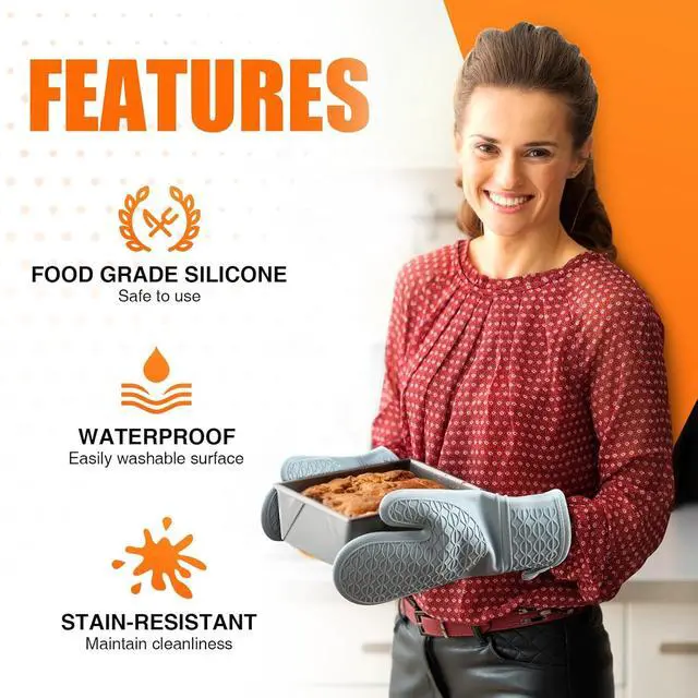 Alt view image 4 of 7 - Silicone Oven Mitts, Heat Resistant 2PCS Oven Mitts with Soft Cotton Lining, Waterproof Non-Slip Grip Oven Glove, Kitchen Potholder Mits for BBQ, Baking, Cooking, 12.5 Inch - Grey