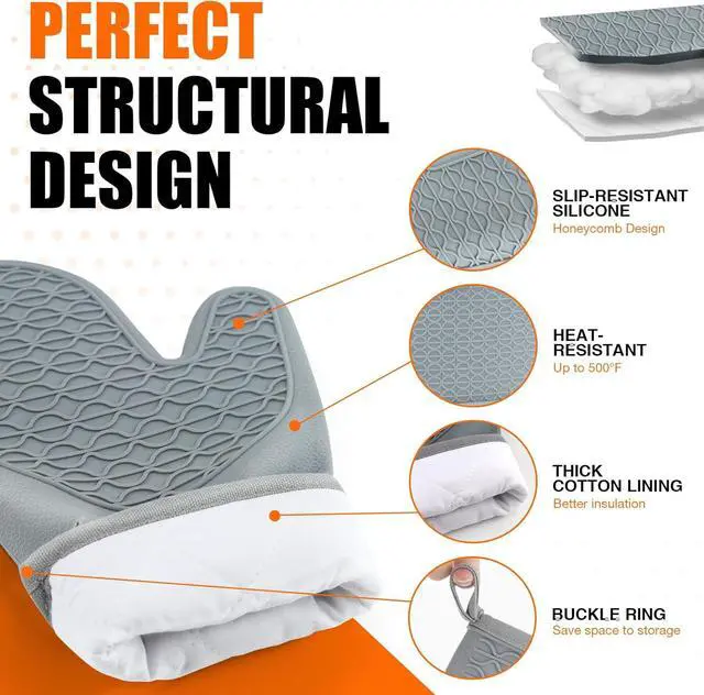 Alt view image 3 of 7 - Silicone Oven Mitts, Heat Resistant 2PCS Oven Mitts with Soft Cotton Lining, Waterproof Non-Slip Grip Oven Glove, Kitchen Potholder Mits for BBQ, Baking, Cooking, 12.5 Inch - Grey