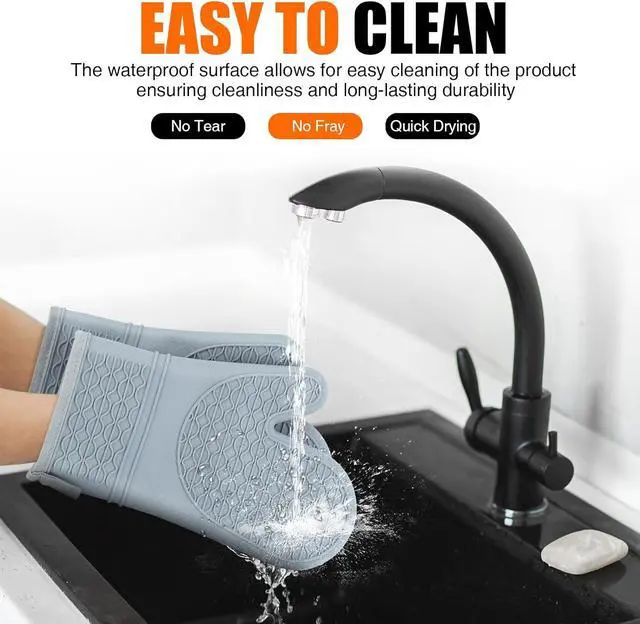 Alt view image 5 of 7 - Silicone Oven Mitts, Heat Resistant 2PCS Oven Mitts with Soft Cotton Lining, Waterproof Non-Slip Grip Oven Glove, Kitchen Potholder Mits for BBQ, Baking, Cooking, 12.5 Inch - Grey