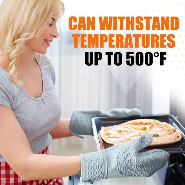 Alt view image 7 of 7 - Silicone Oven Mitts, Heat Resistant 2PCS Oven Mitts with Soft Cotton Lining, Waterproof Non-Slip Grip Oven Glove, Kitchen Potholder Mits for BBQ, Baking, Cooking, 12.5 Inch - Grey