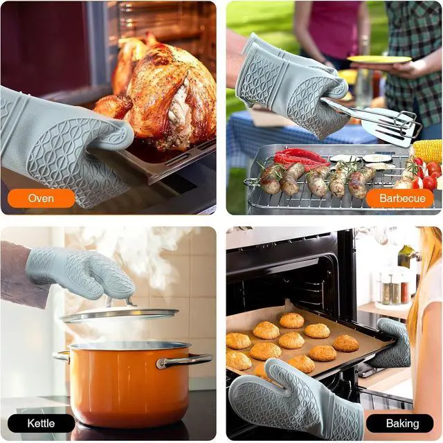 Alt view image 6 of 7 - Silicone Oven Mitts, Heat Resistant 2PCS Oven Mitts with Soft Cotton Lining, Waterproof Non-Slip Grip Oven Glove, Kitchen Potholder Mits for BBQ, Baking, Cooking, 12.5 Inch - Grey