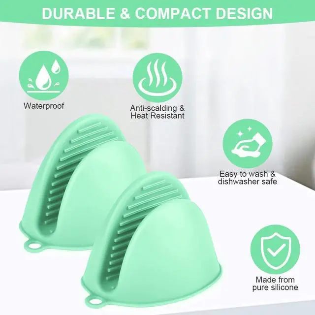 Alt view image 2 of 7 - AUAUY 1 Pair Mini Silicone Oven Mitts, Heat Resistant Pot Holders Mitts, Cute Oven Pinch Grip Gloves, Small Potholders for Kitchen, Air Fryer Mitts Pair for Cooking, Baking and Grilling (Green)