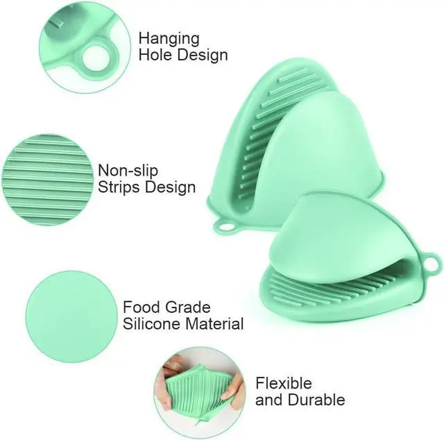 Alt view image 3 of 7 - AUAUY 1 Pair Mini Silicone Oven Mitts, Heat Resistant Pot Holders Mitts, Cute Oven Pinch Grip Gloves, Small Potholders for Kitchen, Air Fryer Mitts Pair for Cooking, Baking and Grilling (Green)