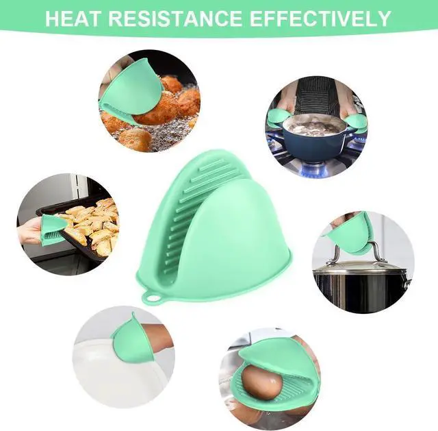 Alt view image 6 of 7 - AUAUY 1 Pair Mini Silicone Oven Mitts, Heat Resistant Pot Holders Mitts, Cute Oven Pinch Grip Gloves, Small Potholders for Kitchen, Air Fryer Mitts Pair for Cooking, Baking and Grilling (Green)