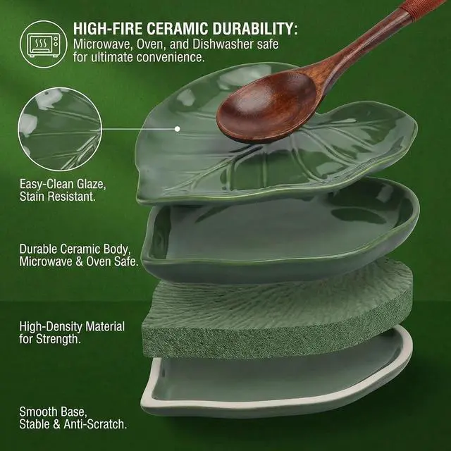 Alt view image 3 of 7 - Cute Green Leaf Shaped Ceramic Spoon Rest for Stove Top,Spoon Holder for Kitchen Countertop Decor,Cooking Kitchen Spoon Rest Spatula Rest Utensil Rest,Green