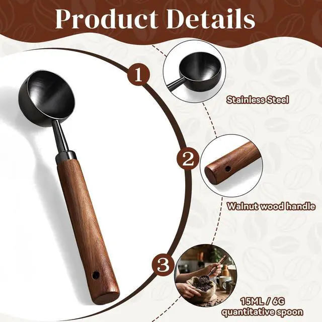 Alt view image 4 of 7 - Vintage Metal Coffee Measuring Spoon, 304 Stainless Steel 15g Coffee Scoop with Walnut Handle, Multi-Purpose Scoop for Coffee, Tea & More, Gunmetal Finish