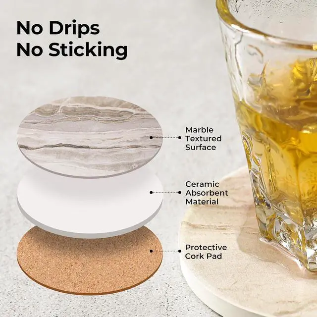 Alt view image 3 of 7 - LIFVER Absorbent Coaster Sets of 4, Drink Coasters with Holder, Marble Style Ceramic Drink Coaster for Tabletop Protection, Suitable for Kinds of Cups, Wooden Table, Cool Home Decor, 4 Inches