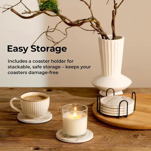 Alt view image 6 of 7 - LIFVER Absorbent Coaster Sets of 4, Drink Coasters with Holder, Marble Style Ceramic Drink Coaster for Tabletop Protection, Suitable for Kinds of Cups, Wooden Table, Cool Home Decor, 4 Inches