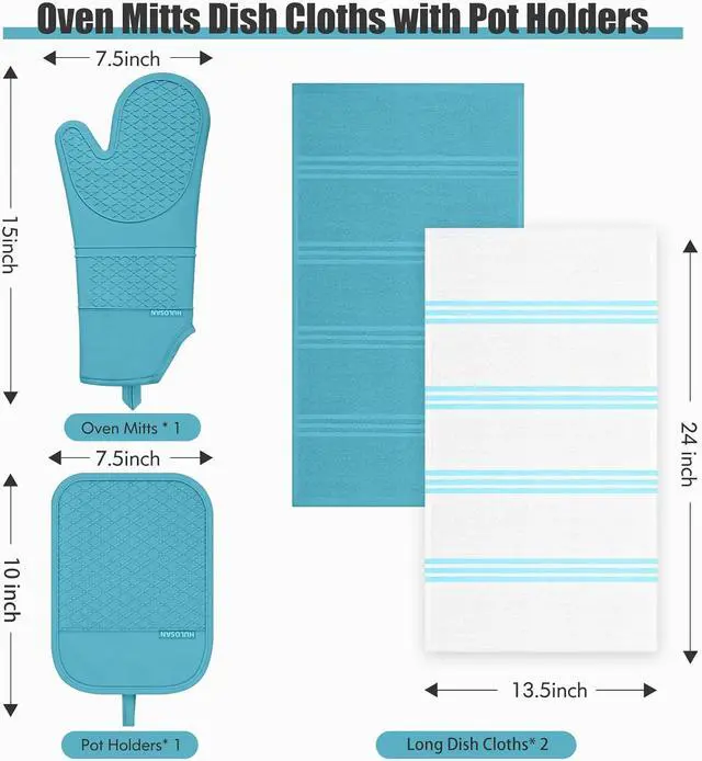 Alt view image 2 of 6 - Oven Mitt and Pot Holders Sets, Quilted Cotton Terry Cloth,Non-Slip Pot Holder, Silicone Oven Mitt Heat Resistant, Oven Mittens 7.3"x14.2", Hot Pad 7"x10" & Dish Cloths 13"x25"