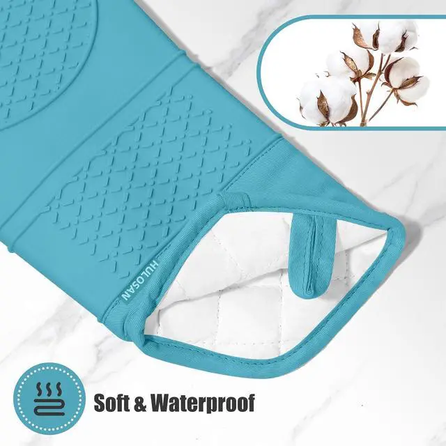 Alt view image 3 of 6 - Oven Mitt and Pot Holders Sets, Quilted Cotton Terry Cloth,Non-Slip Pot Holder, Silicone Oven Mitt Heat Resistant, Oven Mittens 7.3"x14.2", Hot Pad 7"x10" & Dish Cloths 13"x25"