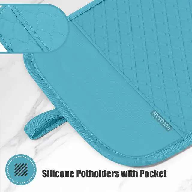 Alt view image 5 of 6 - Oven Mitt and Pot Holders Sets, Quilted Cotton Terry Cloth,Non-Slip Pot Holder, Silicone Oven Mitt Heat Resistant, Oven Mittens 7.3"x14.2", Hot Pad 7"x10" & Dish Cloths 13"x25"
