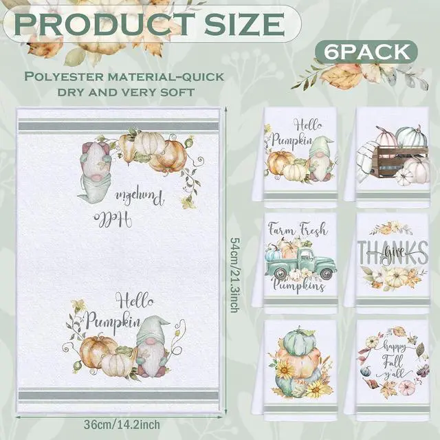 Alt view image 2 of 6 - Ganeen 6 Pcs Fall Kitchen Towels Watercolor Pumpkin Truck Gnomes Fiber