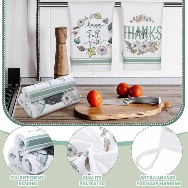 Alt view image 3 of 6 - Ganeen 6 Pcs Fall Kitchen Towels Watercolor Pumpkin Truck Gnomes Fiber