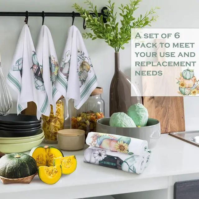 Alt view image 4 of 6 - Ganeen 6 Pcs Fall Kitchen Towels Watercolor Pumpkin Truck Gnomes Fiber