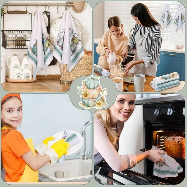 Alt view image 5 of 6 - Ganeen 6 Pcs Fall Kitchen Towels Watercolor Pumpkin Truck Gnomes Fiber