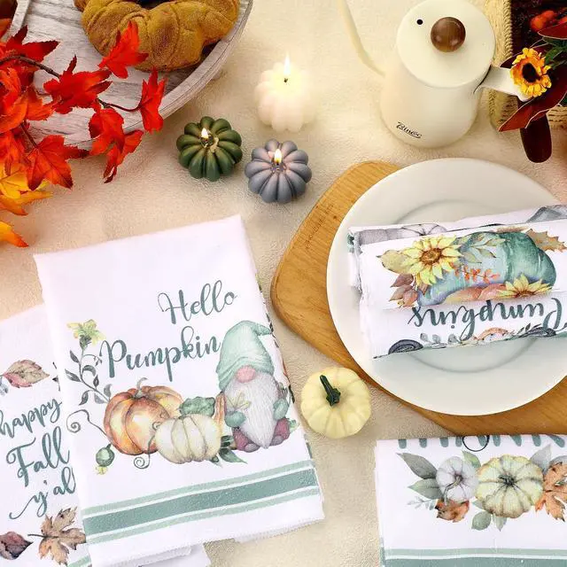 Alt view image 6 of 6 - Ganeen 6 Pcs Fall Kitchen Towels Watercolor Pumpkin Truck Gnomes Fiber