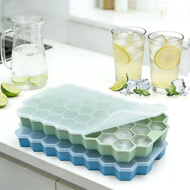 Alt view image 3 of 7 - Ice Cube Trays for Freezer, 2 Pack Silicone Ice Cube Mold with Lid-37 Grid, Easy-Release Reusable 74 PCS Small Ice Cubes for Ice Bucket Iced Coffee Cocktail Whisky Soup Food