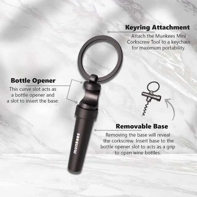 Alt view image 3 of 7 - Munkees Mini Keychain Corkscrew Tool, Small Key Ring Wine Opener, Emergency Travel Cork Wine Opener, Portable Backpack Camping Kit, Wine Enthusiasts, Waiters, Bartenders, Bottle Opener Gift Set
