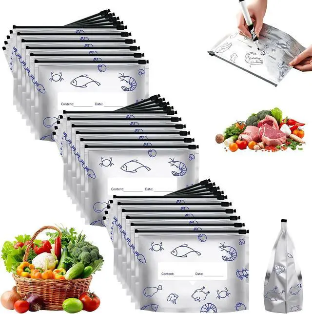 Main image of Reusable Aluminum Foil Sealable Storage Bags, 2025 New Stand Up Foil Sealable Bags for Food, Resealable Vacuum Zipper Pouches with Label and Zip Lock for Fruit Vegetable Meat (30, Small)